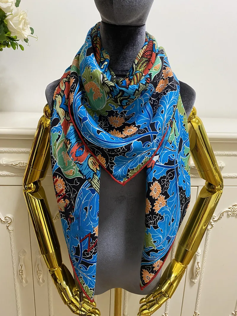 Women's square scarf scarves 35% silk 65% cashmere material blue pint letters flowers pattern size 130cm- 130cm