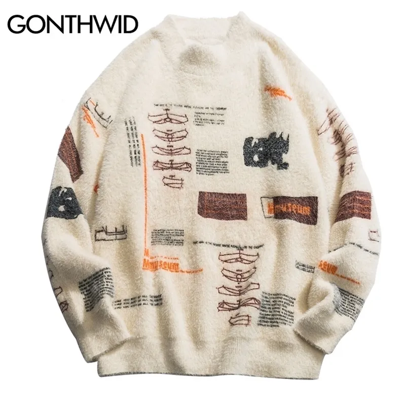 Men's Sweaters GONTHWID Graffiti Knitted Pullover Jumper Sweaters Streetwear Hip Hop Casual Long Sleeve Turtleneck Knitwear Sweater Men Tops 220926