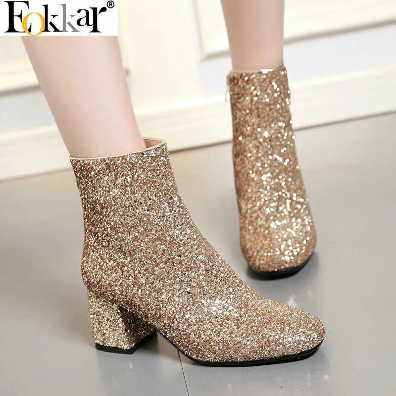 Botas Eokkar 2020 Botas Femininas Glitter Ankle Boot Quadrado Salto Alto Brilhante Botas Curtas de Inverno Lantejoulas Todas Combinam Botas Femininas Tamanho 34-43 T220926