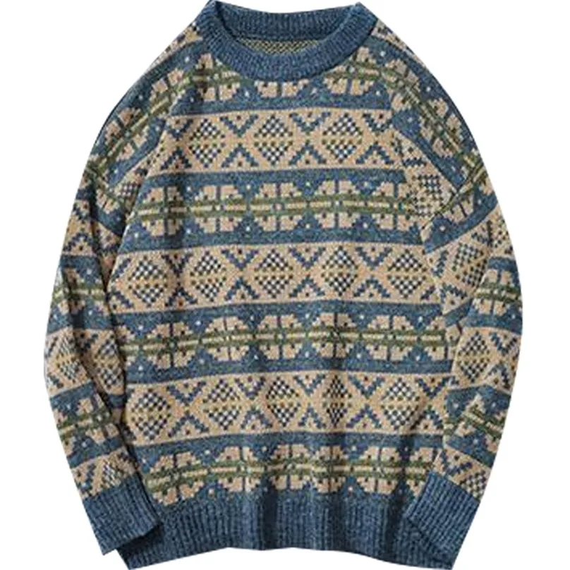 Мужские свитеры зимние винтажные мужчины японская мода свободные вязаные пуловки хип -хоп хараджуку геометрические узоры уличная одежда 220927