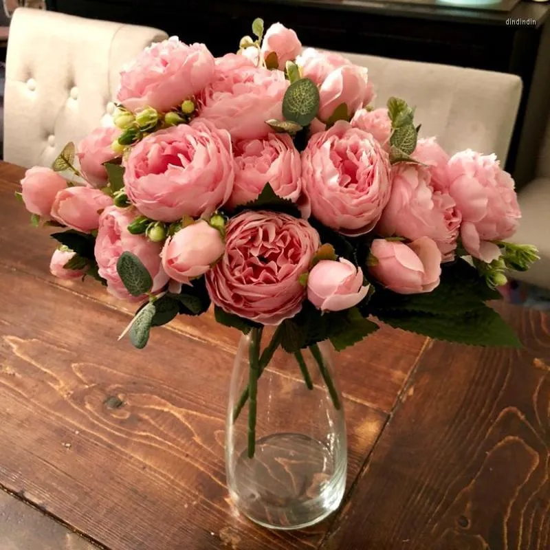 Dekorativa blommor kransar pion konstgjorda siden blommor ros peonies liten bukett för hemfest bröllop dekoration falsk blommorekorativ