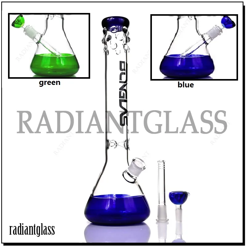 Cachimbas Bong con vaso de precipitados de 16 "con logotipo, base verde, receptor de tubería de agua Grace, accesorio de 14-18 mm