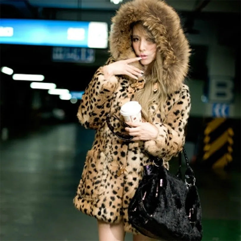 Damen Pelz Faux Savabien Winter Ry Kapuzen Leopardenmantel Vintage Langarm Harajuku Fake Jacke Parka Festival Streetwear 220927