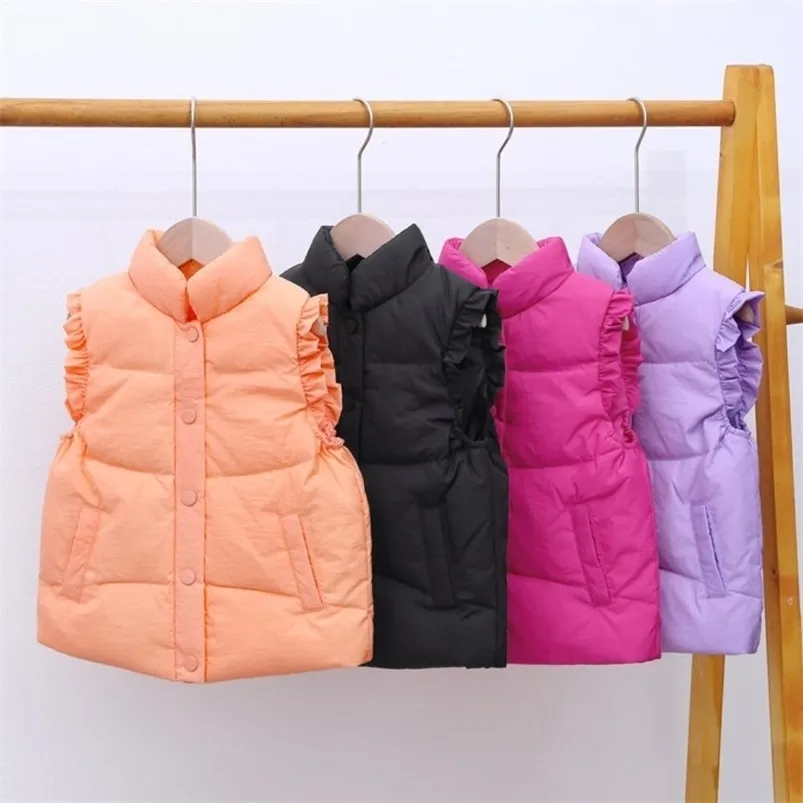 Coloque de cisteço engrosse colete quente para meninas babados com capuz de com capuz de jaqueta para baixo por 2-7 anos crianças roupas de inverno