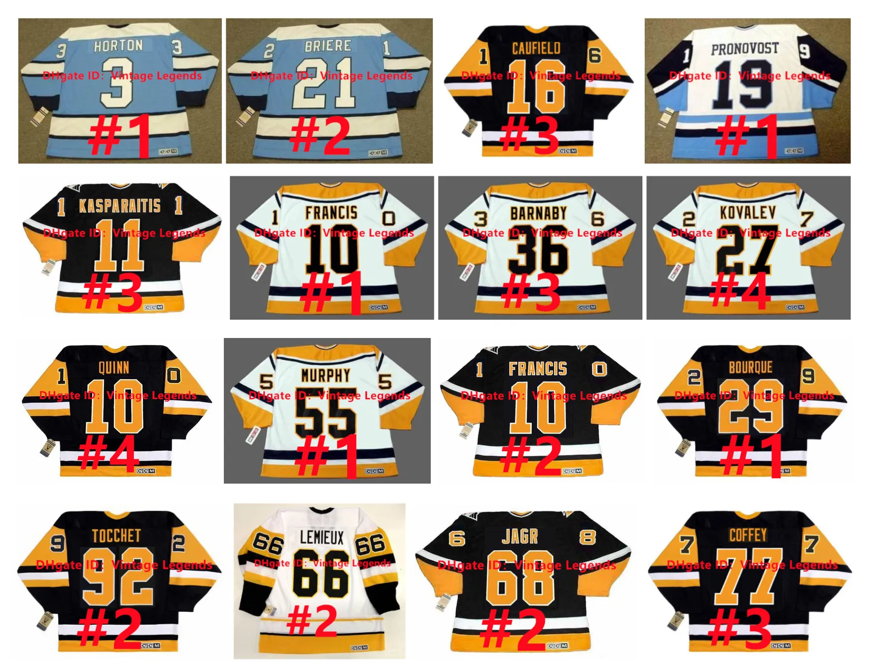 빈티지 CCM DARIUS KASPARAITIS 펭귄 하키 저지 Lemieux JAGR MICHEL BRIERE JEAN PRONOVOST Ron Francis Kovalev BARNABY ALEX KOVALEV RON FRANCIS KEVIN STEVENS