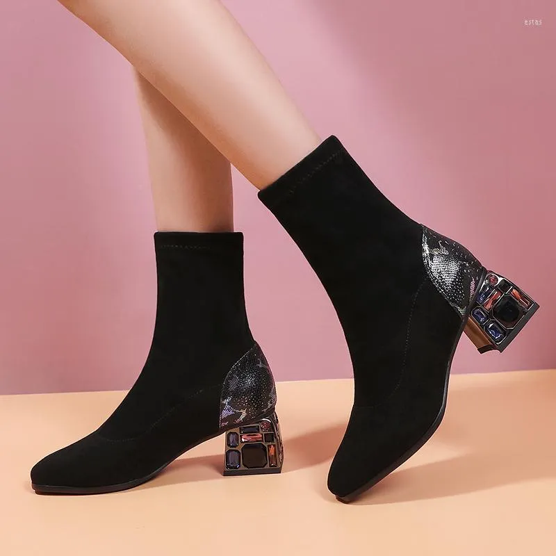 Boots 2022 Stretch Flock Women Sock Ankle Boot Female Square Toe Sexy RhinestonesThick Heels Shoes Ladies Fashion Suede