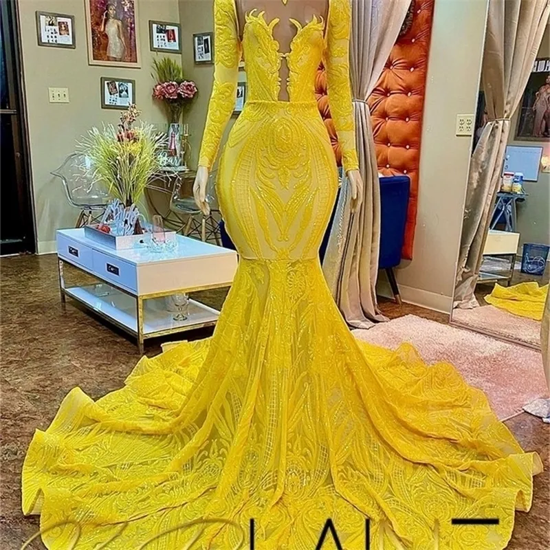 Robes de soirée Luxe jaune sirène robes de bal paillettes paillettes robes de fête d'anniversaire Robe de soirée formelle Robe de Bal Aso Ebi fermeture éclair 220923