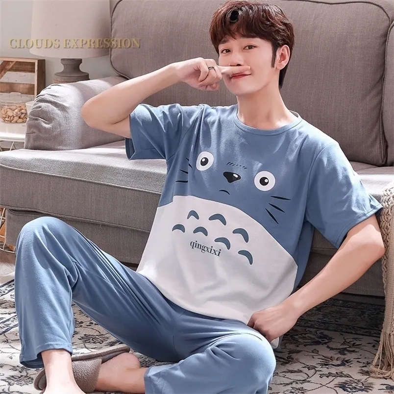 Mäns sömnkläder Summer Sticked Cotton Cartoon Mens Pyjamas Pyjamas Casual Short Sleeve Long Pants Sets Men's Sleep Lounge Night Pijamas 4xl Home 220924