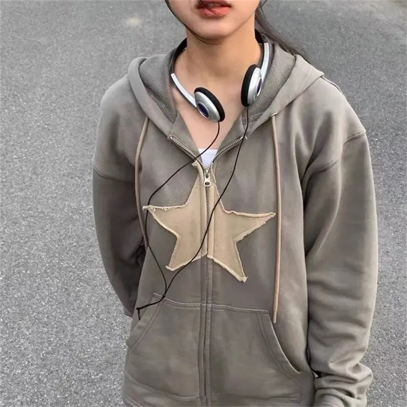 Women's Hoodies Sweatshirts Hip Hop Zip Up Hoodie Vintage Star Patch Cotton Loose Sweatshirt Jacket Harajuku Gothic Long Sleeve Women Sweatshirt Y2k Clothes 220926