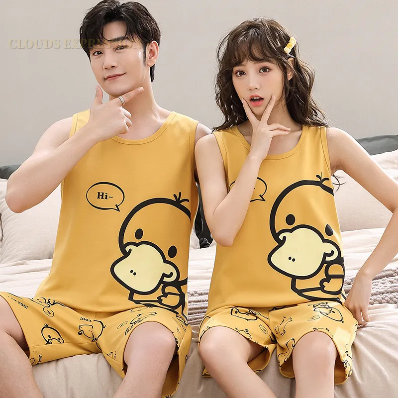 Ropa De Dormir Para Hombres Verano De Punto De Algodon Pato De Dibujos Animados Conjuntos De Pijamas Para Hombre Salon De Dormir Para Hombres Pantalones Cortos Sin Mangas Pantalones Pareja Pijamas Mod...
