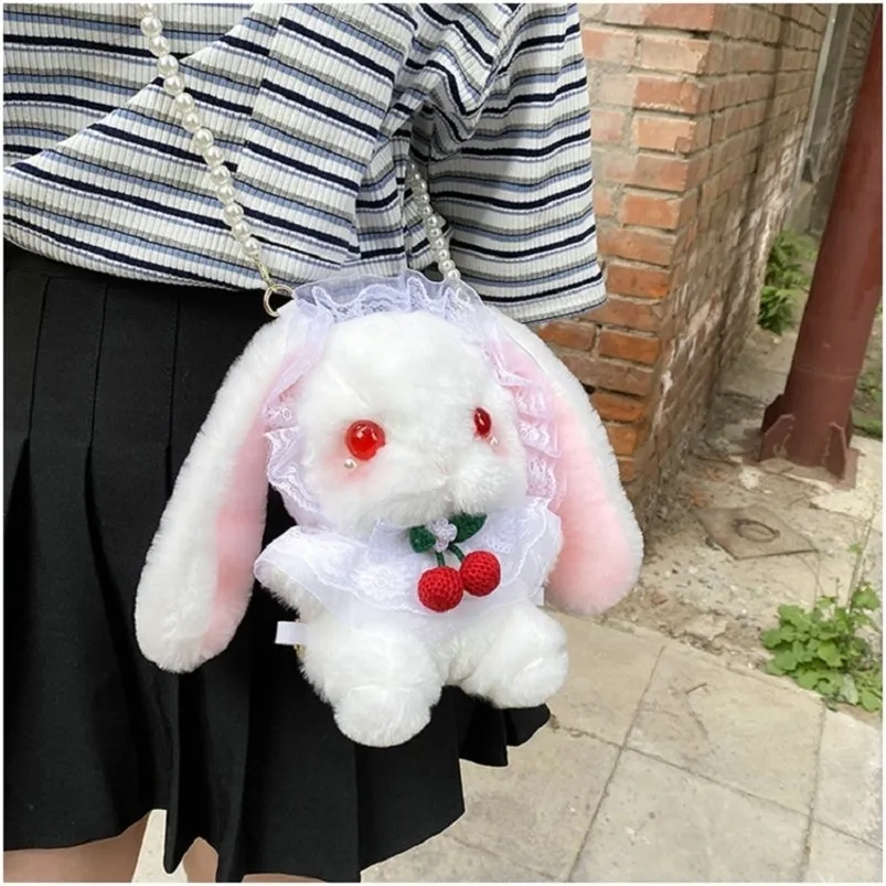 Zaini peluche Magic Lolita Dressing Bunny Peluche Farcito Occhi unici Pizzo Conigli Peluche peluche Collana di ciliegie Borse zaino a tracolla 220927