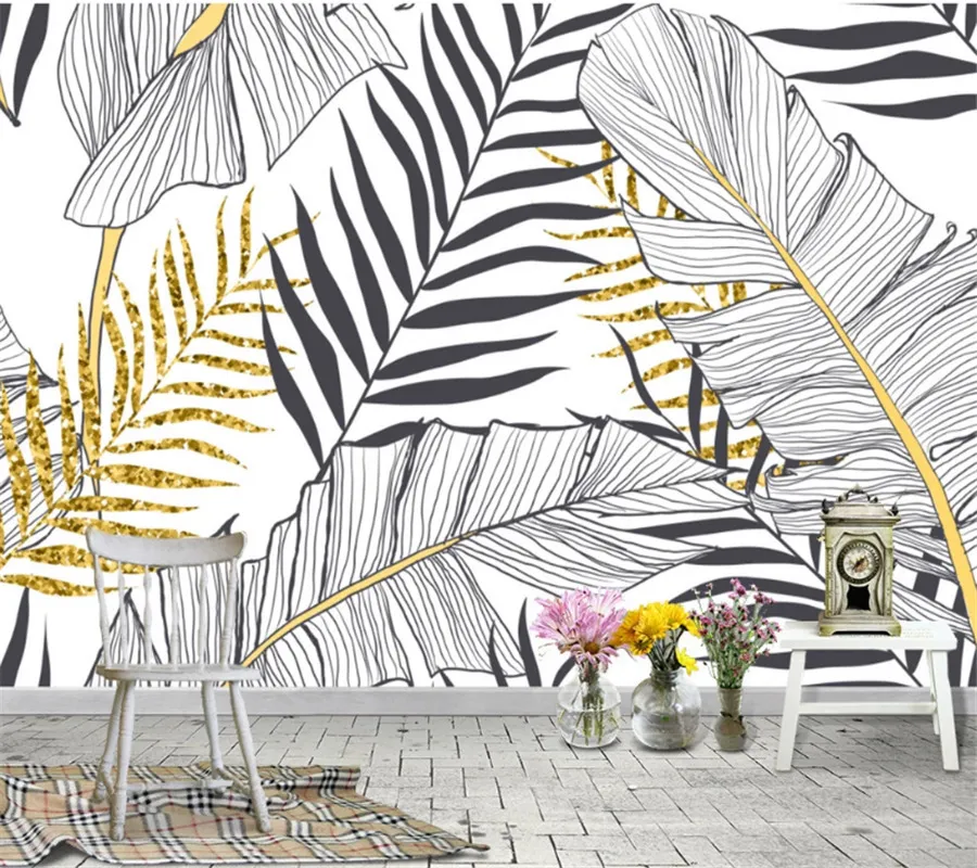 Bakgrundsbilder wellyu anpassade tapeter 3d nordiska handmålade svartvitt bananbladbakgrund vardagsrum 220927