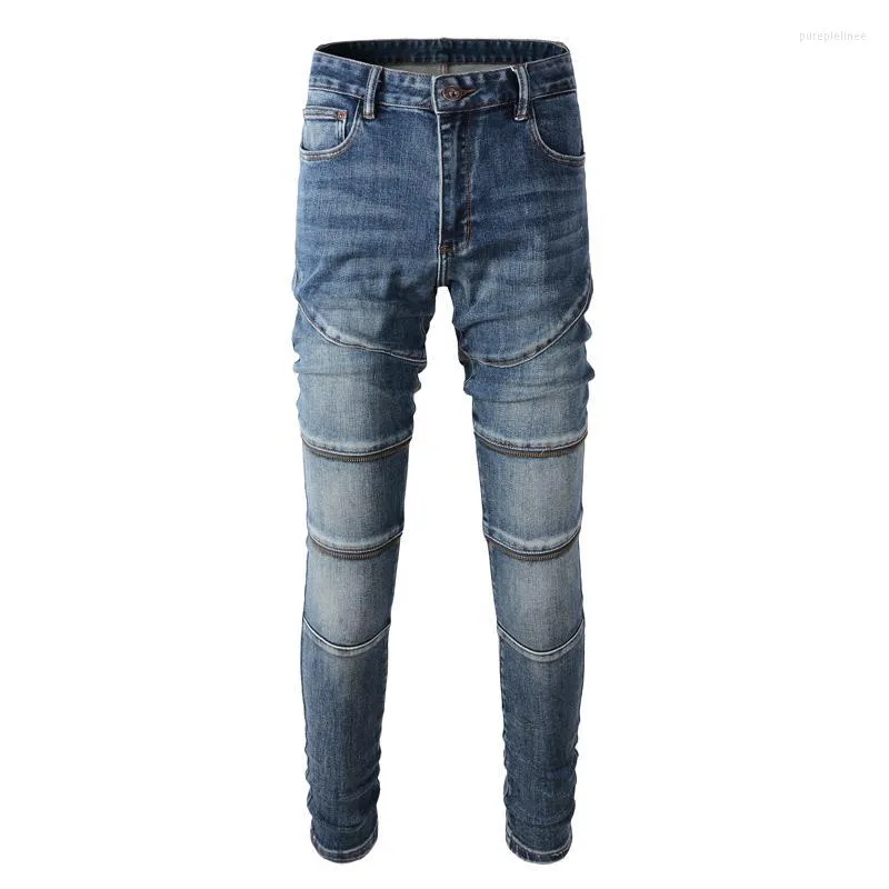 Heren jeans heren streetwear mode mannen elastische gesplitste ontwerper slanke motorrijder retro blauw stretch hiphop denim punk potlood
