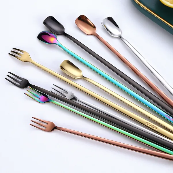 Forks lepels roestvrij staal huis keuken dineren flatware lange handgreep goud dessert fruit koffielepel lepel vork bestek gereedschap voor feestevenement