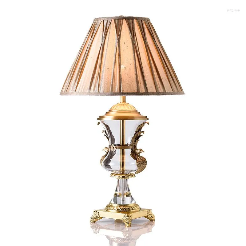 Lampes de table européenne cuivre verre transparent chambre lampe de chevet américain Phoenix tissu marron LED E27 salon étude bureau éclairage