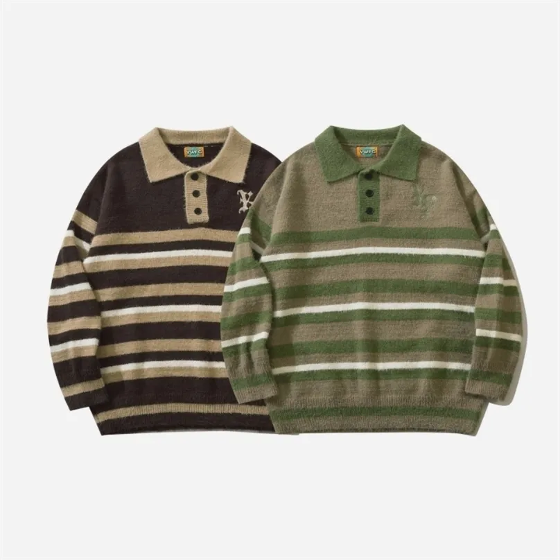 Męskie swetry vintage japońskie pullover mężczyzn w paski patchworkowy sweter luźny przyczynowy polo para dzianinowe topy jesień zimowych skoczków 220927