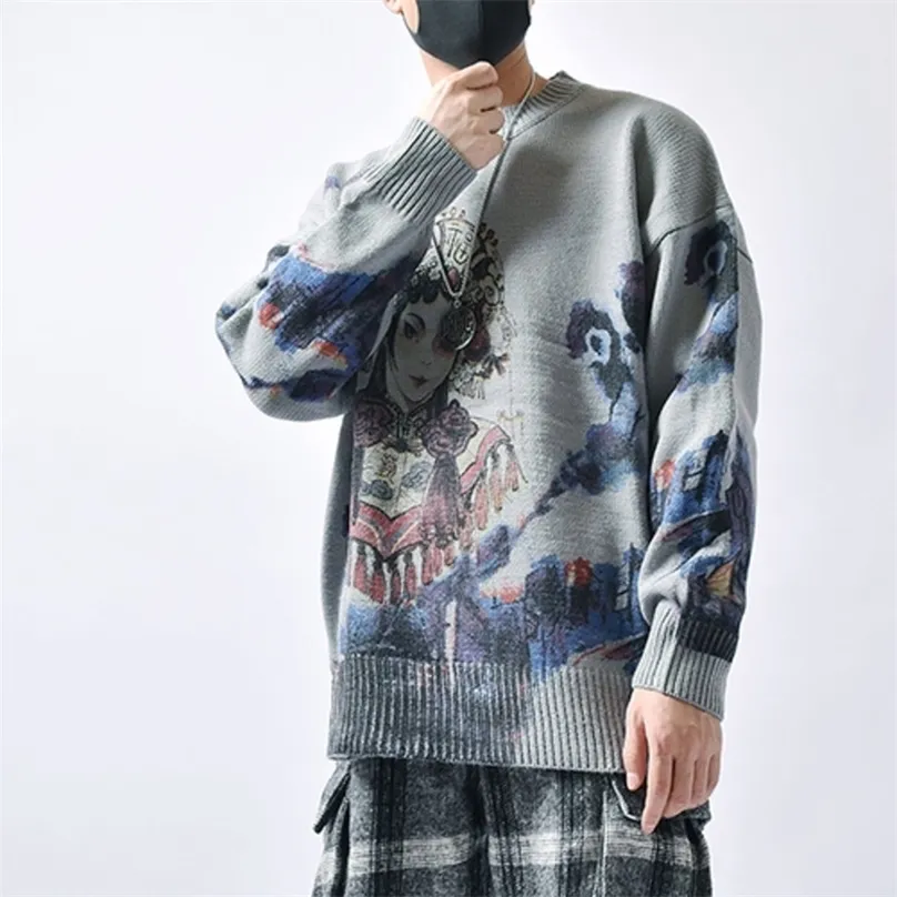 Herentruien Hip Hop Men Herfstpaar gebreide jumper anime Beijing Opera Gedrukte vintage pullovers Harajuku Gray 220927