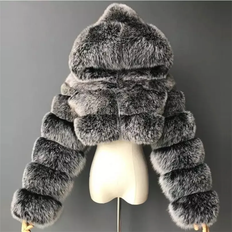 Женская меховая подделка высококачественная укороченные пальто и куртки Женские пушистые верхние пальто с зимней курткой с капюшоном Manteau Femme 220927
