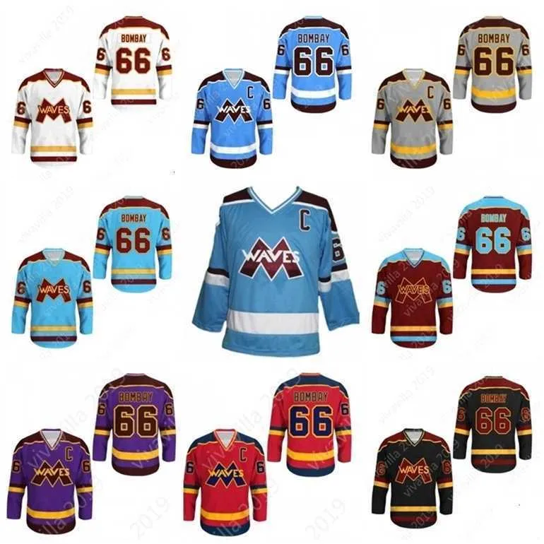 Gla MitNess Cutom Gordon Bombay # 66 Waves mighty ducks Movie Jersey NUOVO punto cucito di qualsiasi colore di qualsiasi dimensione Maglie da hockey universitari