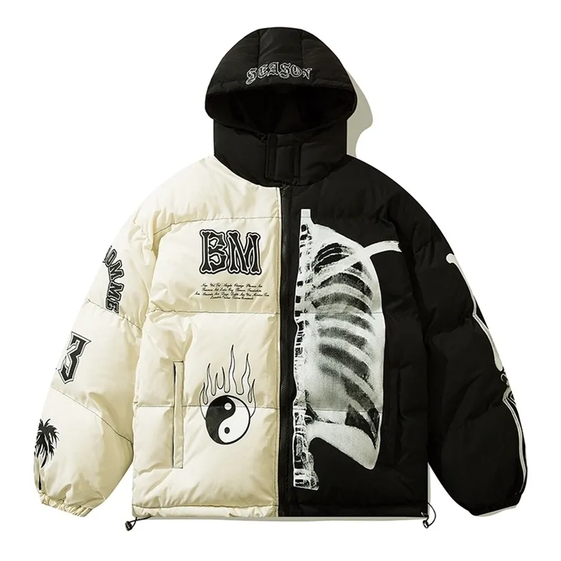 Mens Down Parkas Mens Winter Hooded Parka Jacket Yin Yang Skeleton Print Streetwear Abrigo de gran tamaño Harajuku Loose Thick Warm Outwear Unisex 220927