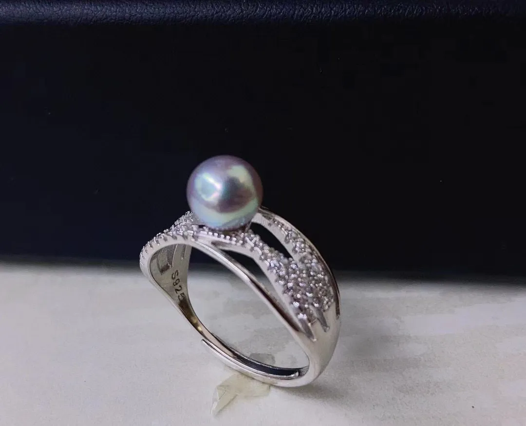 22092409 Diaomondbox Jewelry ring 6-7mm akoya grey pearl sterling 925 silver zircronia rhinestone hollow adjustable lace royal vintage style