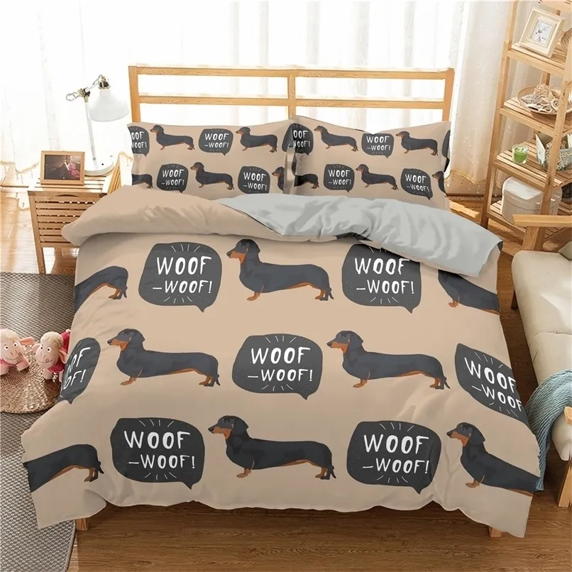 Ensembles de literie Ensemble de housse de couette imprimé chien saucisse ensemble reine roi pleine taille dessin animé teckel chiot ensemble de literie pour garçon enfant housse de couette en polyester 220924