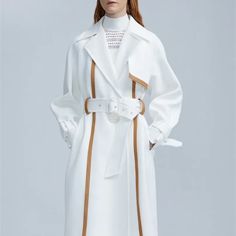 Womens Wool Blends Lautaro Spring Autumn Long Brown Leather Patchwork White Trench Coat for Women Belt Runway Luxury Designer Overcoat Fashion 220926