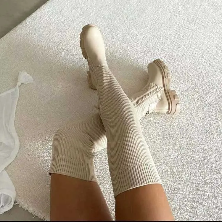 Çizmeler Flats Ayakkabı Kalın Taban Çizmeler Sonbahar Kış Nefes Örgü Çorap Üst Kadın Uyluk Yüksek Çizmeler Streç Yuvarlak Ayak Artı Boyutu T220926