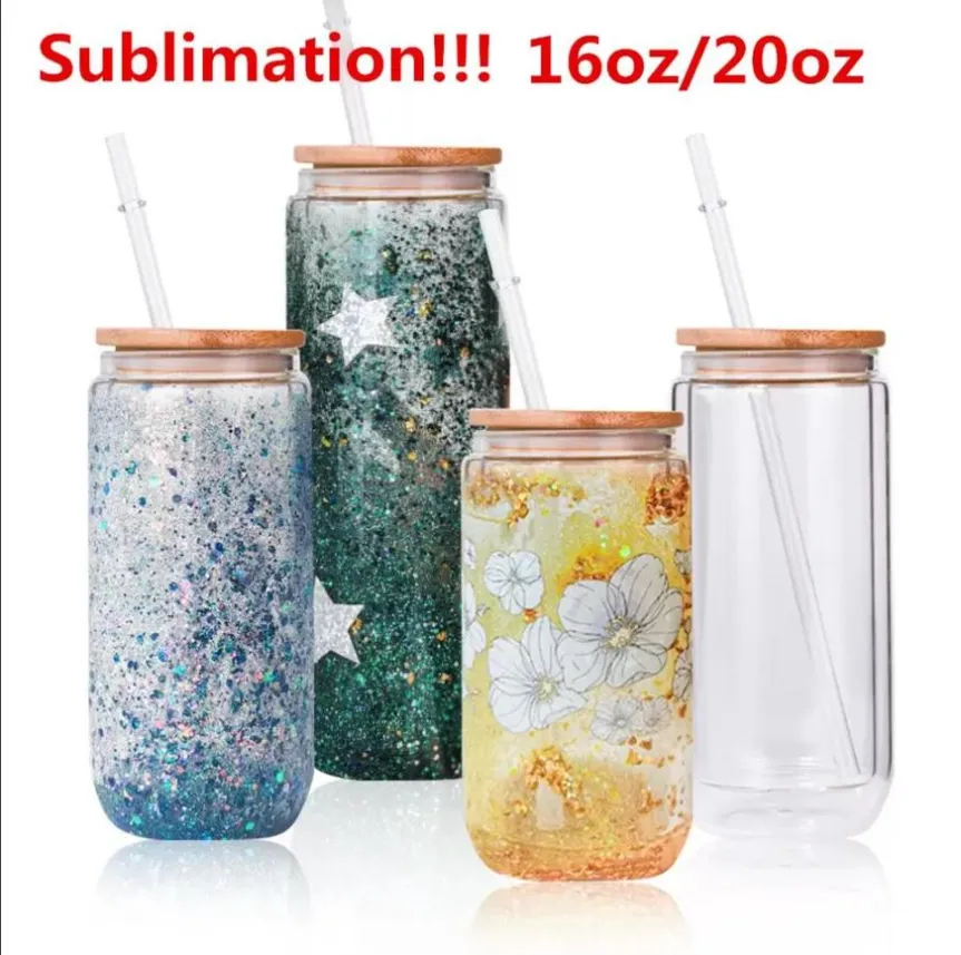 US Warehouse Water Bottles Double Wall Sublimation 16oz Glass Tumbler Cups Can  Glasses With Bamboo Lid Reusable Straw Mug Beer Transparent Soda Can  Drinking GF1025 From 0,01 €