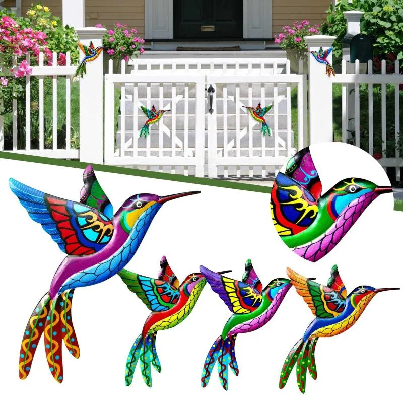 Decorative Figurines Metal Hummingbird Wall Art Decor Colorful Birds 3D Outdoor Sculpture Indoor Hanging Ornaments Gifts A40