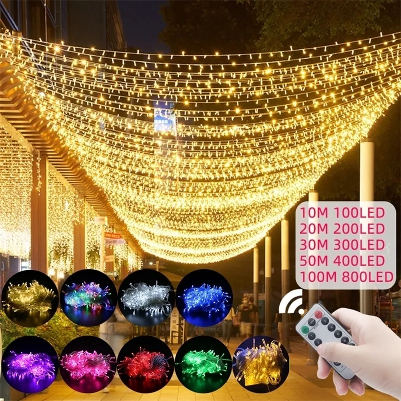 Weihnachtsdekorationen, LED-Lichterkette, 10–100 m, Kette, Outdoor-Girlande, wasserdicht, 220 V, 110 V, für Hochzeit, Party, Baum, Garten, Dekoration 220927