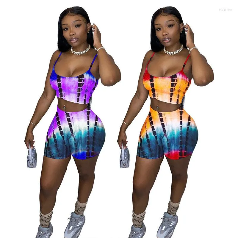 Survêtements pour femmes ZKYZWX Tie Dye Two Peice Shorts Set Tenues de vacances d'été pour femmes Hors épaule Crop Top Biker Sexy Club Ensembles assortis