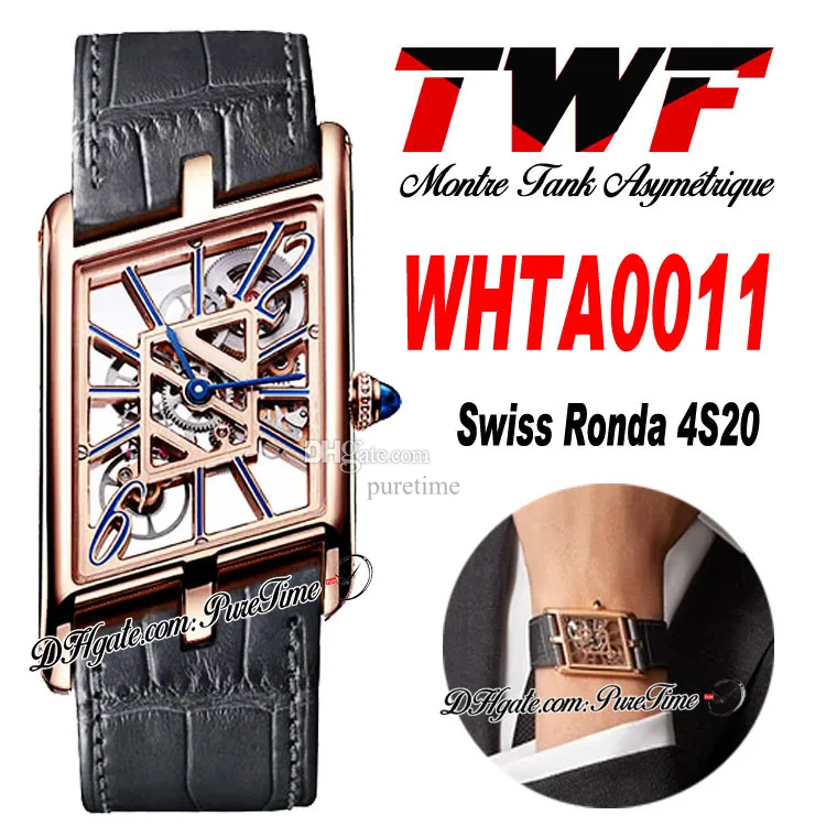 TWF WHTA0011 Swiss Ronda 4S20 Orologio al quarzo unisex Montre Asymetrique Orologi da donna da uomo Quadrante scheletro in oro rosa Pelle grigia Donna Super Edition Puretime F6