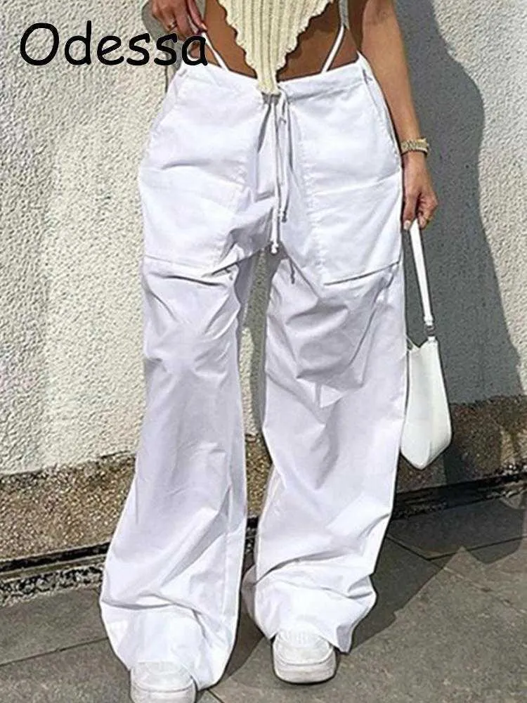 Women's Pants Capris Odessa Casual Baggy Wide Leg Low Waist Cargo Pants Women White Loose Adjustable Sweatpants 2022 Female Hippie Joggers Trousers T220926