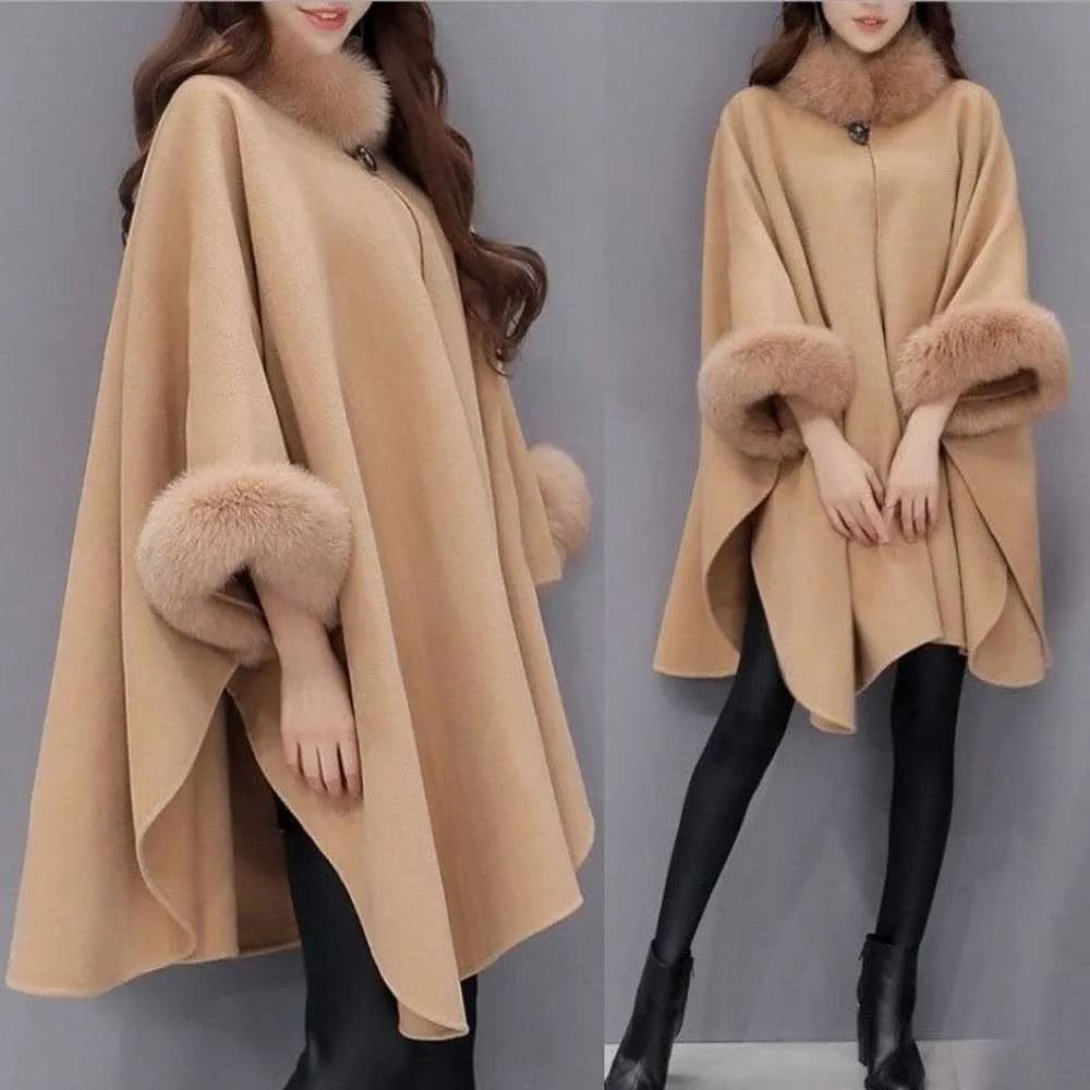 ジャケット・アウター OVERCOAT Cape Shoulder Overcoat - Beige Womens Faux Fur Cape Coat - Elegant Patchwork Winter