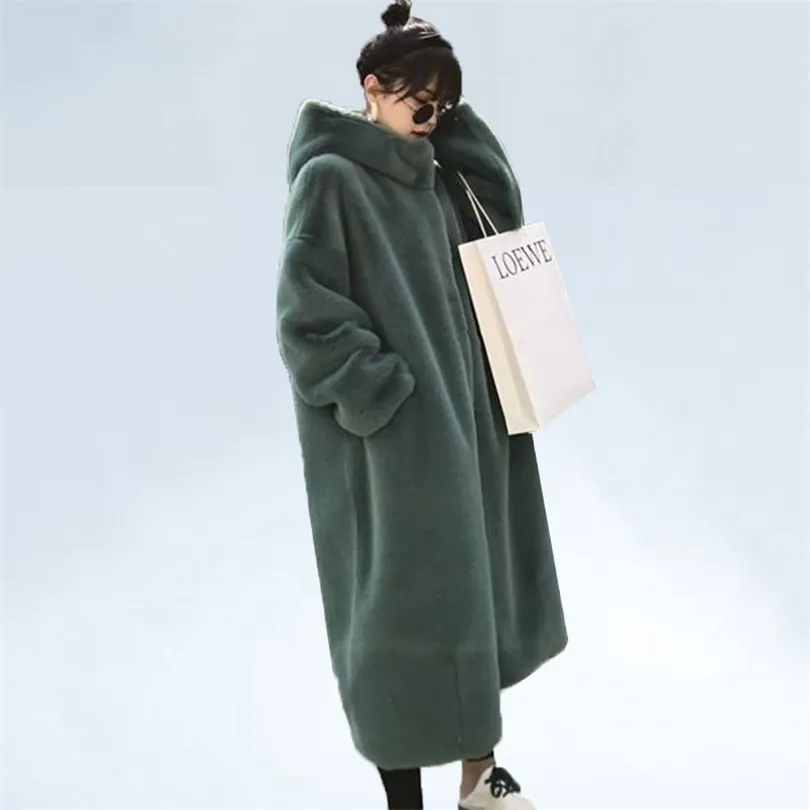 Damskie futrze Faux Oversize płaszcz z kapturem zimowa kurtka moda długa parka gruba ciepłe kobiety luźne kurtki 220927