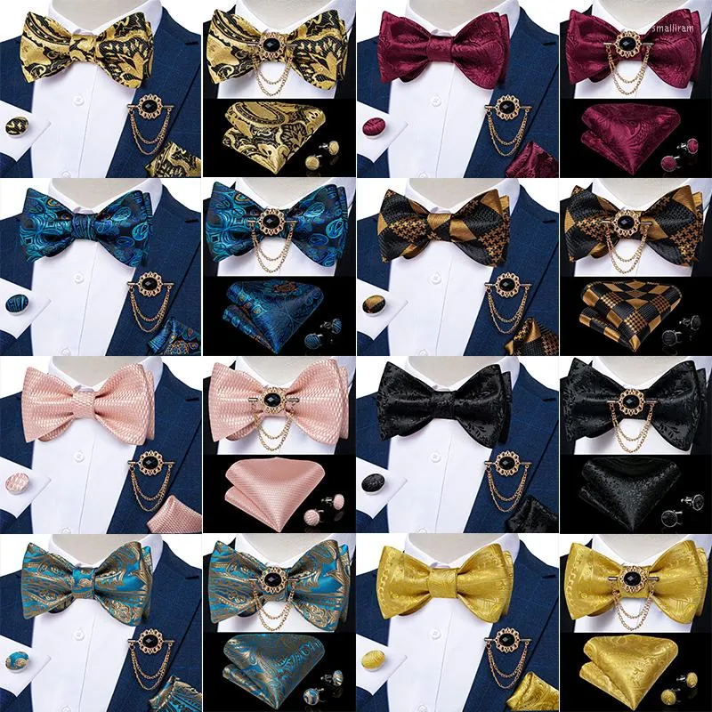 Bow Ties Ayarlanabilir Erkekler Tie Bickerchief Cufflink Set Metal Broş Zinciri Moda Düğün Partisi Aksesuarları Cravat Butterfly Dibangu