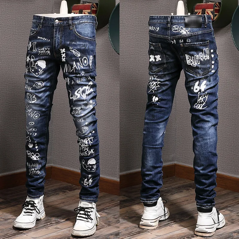 Graffiti Print Stretch Denim Jeans For Men – Skinny Fit Urban