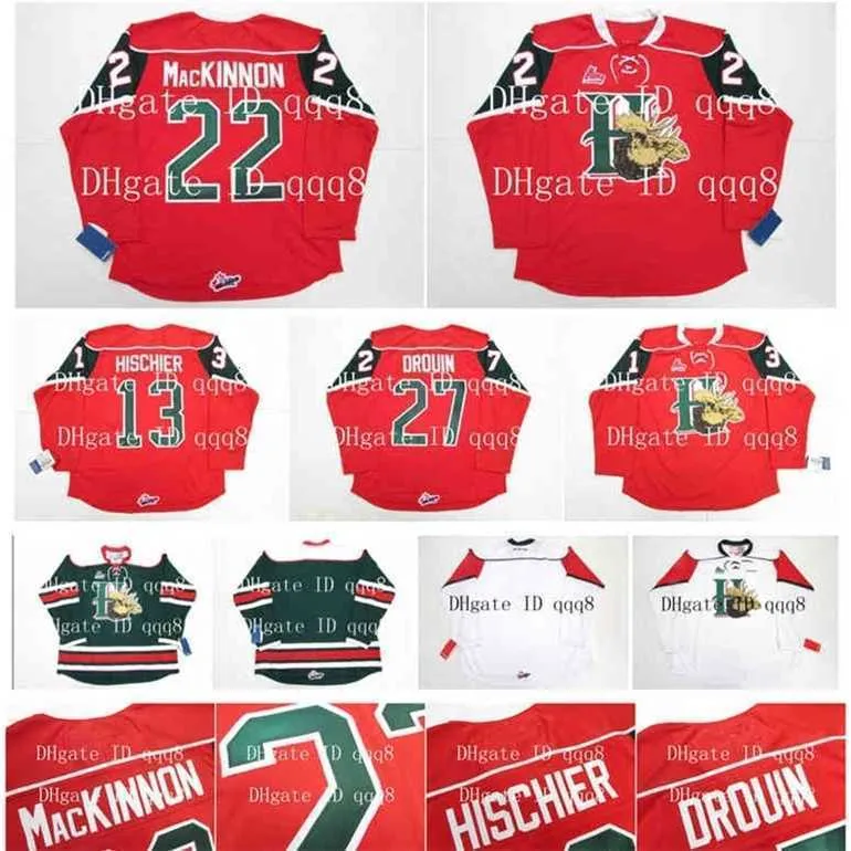 GLA C202 QMJHL HALIFAX MOOSEHEADS 22 Nathan Kinnon 13 Nico Hischier 27 Jonathan Drouin Red White Green100% ing 사용자 정의 하키 유니폼