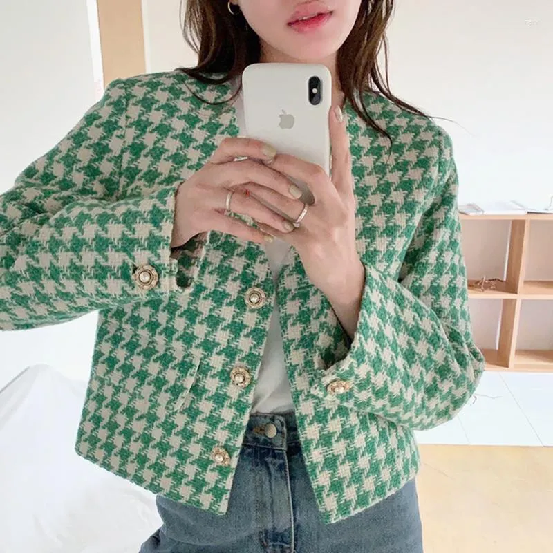 Chaquetas de mujer llegada coreana Chic Retro verano Houndstooth Tweed chaqueta de manga larga dulce abrigo Crop Tops prendas de vestir exteriores