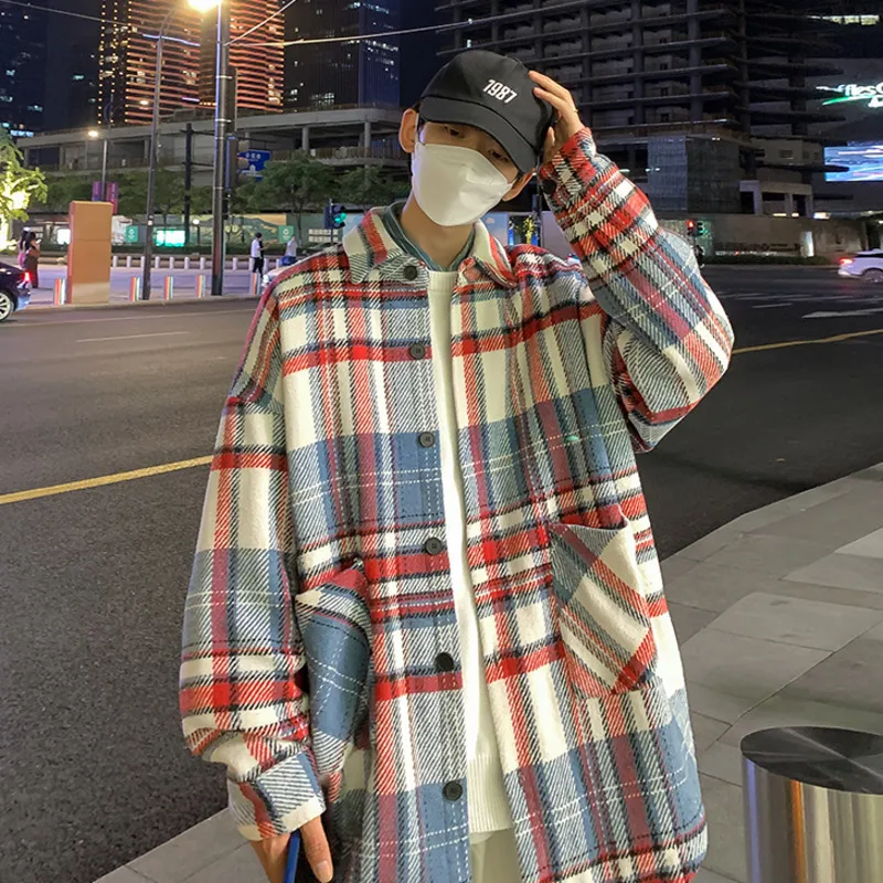 Herrjackor Privathinker Autumn Fashion Plaid avvinna krage vindbrytare koreansk stil casual manlig ullrockar 220927