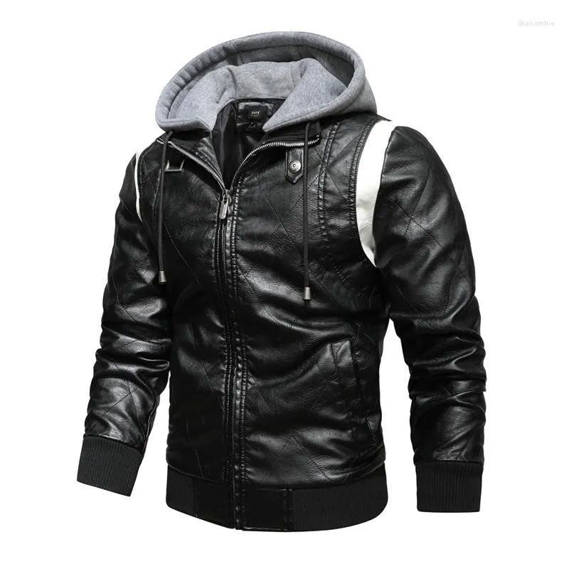 Herrenjacken Herren Leder Winter Herbst Splice Motorradjacke Lässiger Kapuzenpullover Reißverschluss Langarmmantel Outwear #40