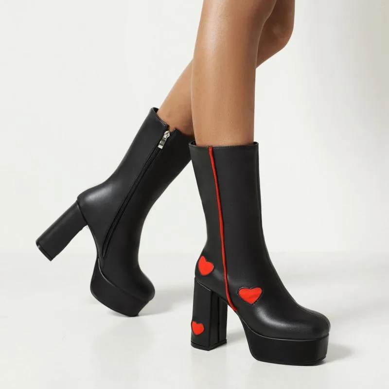 Boots Women Motorcycle Classic Square Toe Platform Chunky High Heels Fashion Goth Style Heart-Shape Design Shoes Ankle Brand
