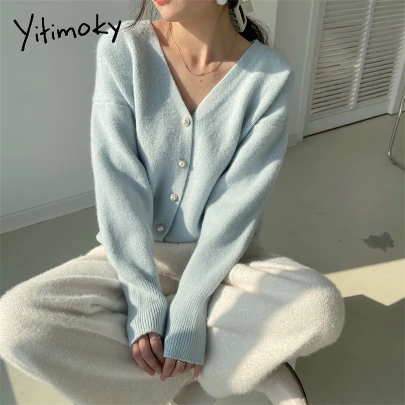 レディースニットティーサーキューニットカーディガン女性セーター韓国ファッションブルーVネックレディレディ服ソフトカジュアルピンクウォームルーズコート秋冬220927