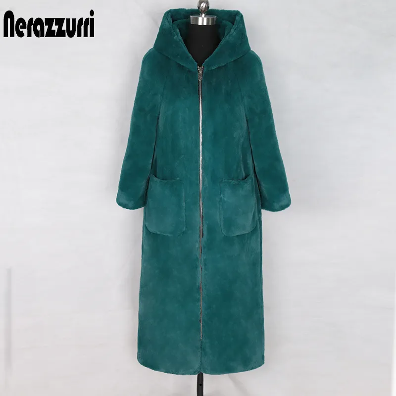 Femmes fourrure Faux Nerazzurri hiver long manteau en fausse fourrure avec capuche manches fermeture éclair noir ry faux lapin Outwear grande taille mode coréenne 220927