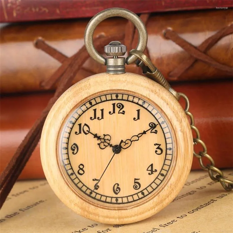 懐中時計ユニークなアラビア数字ディスプレイ竹時計オープンフェイス木製時計青銅鎖天然木製ペンダント時計