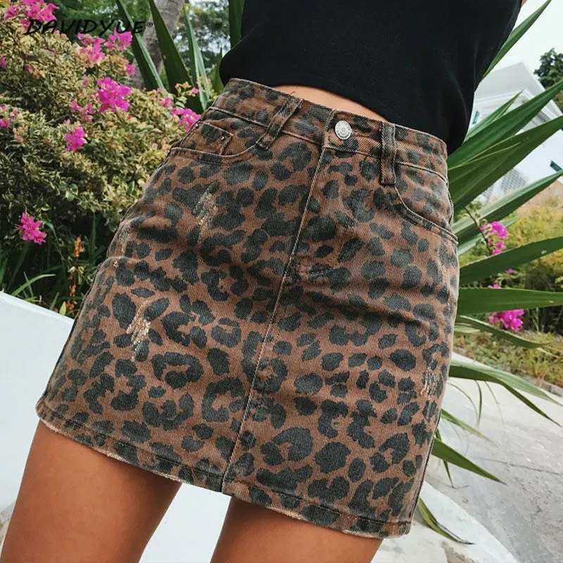 Skirts Sexy ripped leopard print skirts womens mini denim skirt Streetwear pencil high waist skirt faldas mujer moda 220924