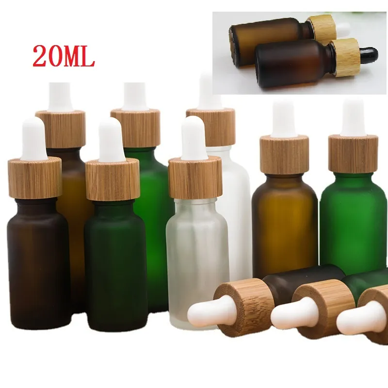 F￶rpackningsflaskor 10 15 ml 20 30 ml frostat gr￶nt glas droppflaska med bambu lock locket Essentialolja glasflaska 20 ml