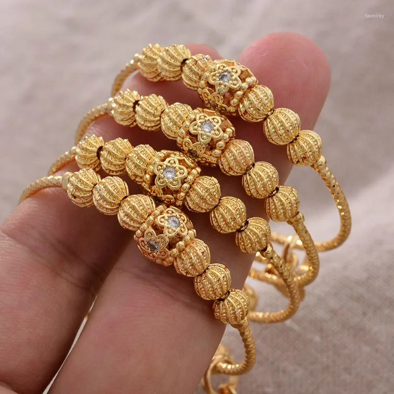 Bangle 24k 4st Small For Girls/Baby Gold Color Charm Ethnic Armband Bell Hollow Beads Jewelry Child Party Gifts