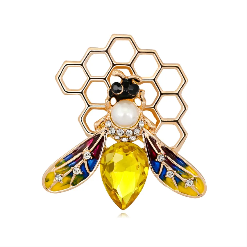 Gold Crystal Honeycomb Bee Brooch Pin Business Suit Tops Rhinestone Corsage Brooches for Women Men Fashion Jewelry